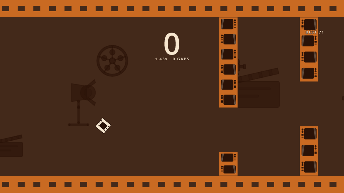 FRAMED gameplay: a small film frame flying between stacked television sets, film strips along the top and bottom of the screen.