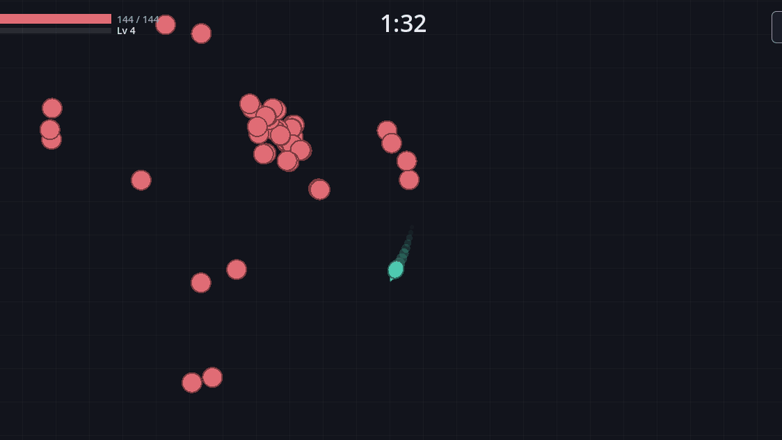 Pobo Survivor gameplay: a small teal player trailing through a swarm of red enemies on a dark grid, health and level bars top left.
